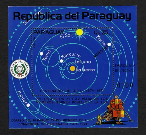 Paraguay: 100 Jahre UPU, Sonne, Erde, Mond, Block #219, MUESTRA, postfrisch