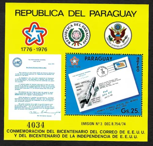 Paraguay 1976: Raketenpostbrief, Block #280, postfrisch