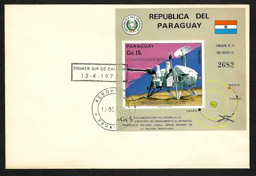 Paraguay 1975: Eroberung des Mars, Raumsonde Viking, Block #258, FDC