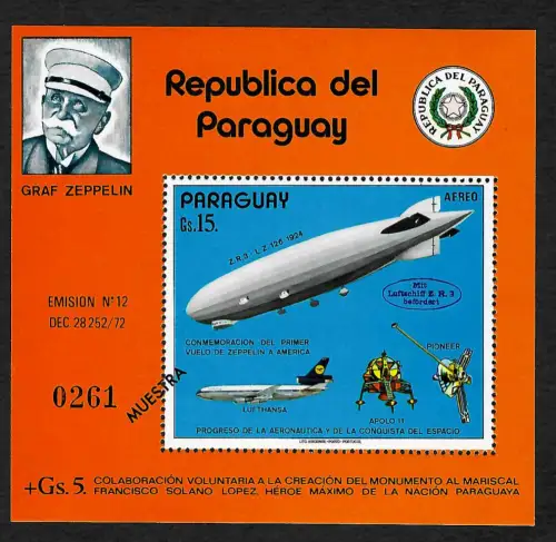 Paraguay: Zeppelin und Weltraumfahrt, Lufthansa, Block #246, MUESTRA, postfrisch