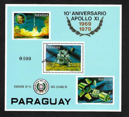 Paraguay 1979: 10 Jahre Mondlandung Apollo 11, Block #354, MUESTRA, postfrisch