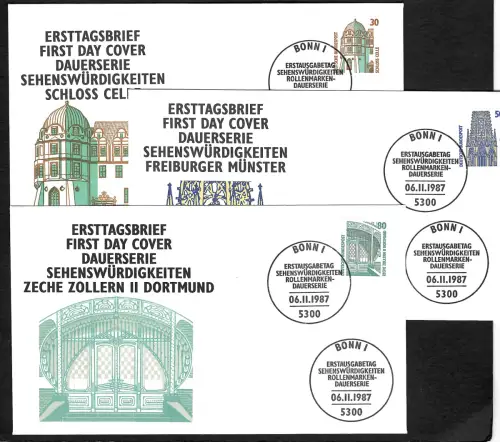 Bund 1987: Sehenswürdigkeiten, 3x FDC