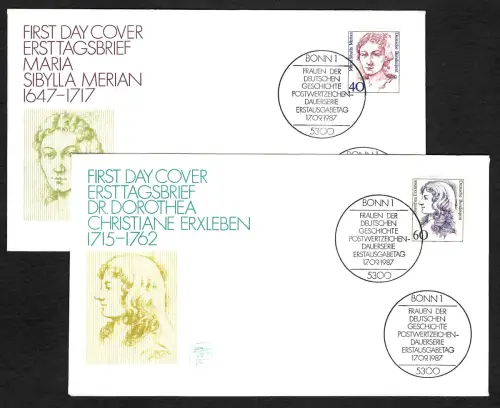 Bund 1987: Maria Sibylla Merian, Dorothea Christiane Erxleben, 2x FDC