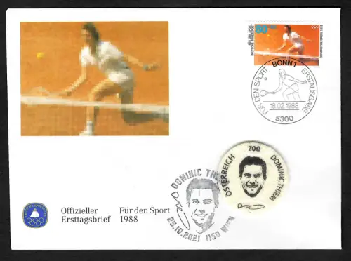 Österreich /Bund 2021: Sonderbeleg Tennis: Dominic Thiem, Tennisballmarke, FDC