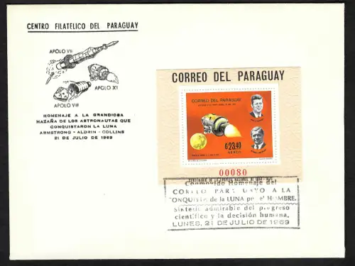 Paraguay 1969: Apollo VII, Apollo XI, Block #125 auf FDC