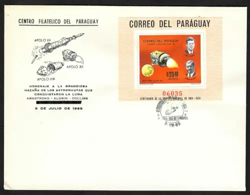 Paraguay 1969: Apollo VII, Apollo XI, Kennedy, von Braun, Block #125 auf FDC