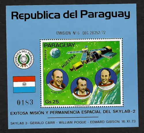 Paraguay 1973: Weltraumstation Skylab 2, Block #222, postfrisch, MUESTRA