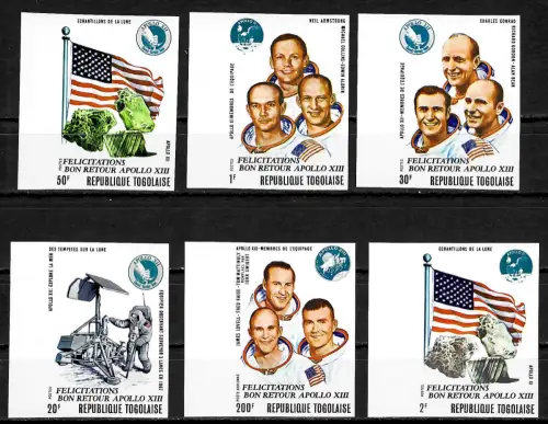 Togo 2019: Weltraumprogramm Apollo, 808-813, ungezähnt, Aufdruck Apollo 13, **