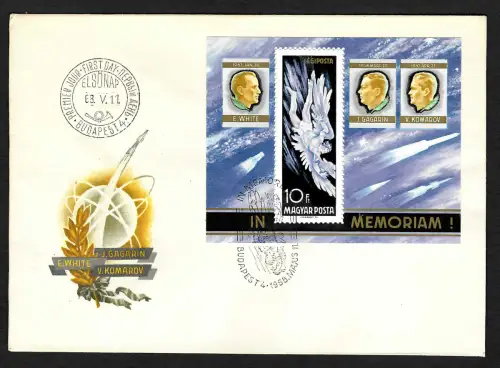 Ungarn 1968: Memoriam Gagarin, Komarov, White, Block #63A, FDC