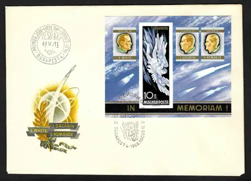 Ungarn 1968: Memoriam Gagarin, Komarov, White, Block #63B, FDC