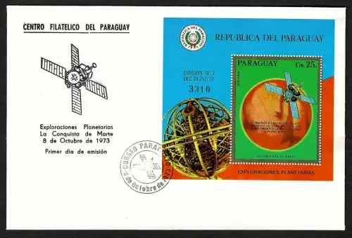 Paraguay 1973: Marssonde Mariner 9, Block #208, FDC