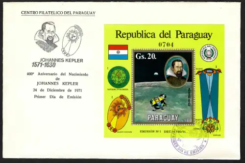 Paraguay 1971: Johannes Kepler, Apollo Mondprogramm, Block #174, FDC