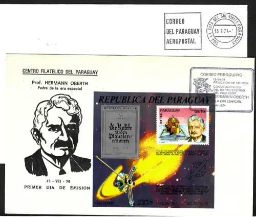 Paraguay 1974: Hermann Oberth, Rakete, Block #224, FDC