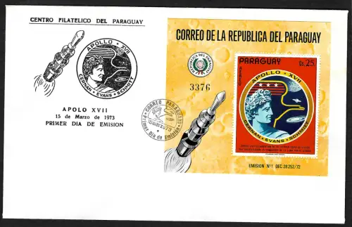 Paraguay 1973: 50 Jahre Mondlandung Apollo 17, Block #198 FDC