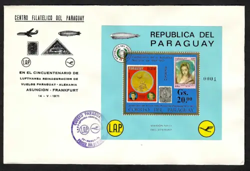 Paraguay 1971: Weltraum, 100 Jahre Briefmarken, Block #166 FDC