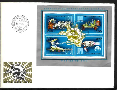 Ungarn 1974: 100 Jahre UPU, Weltpostverein, Block #106A , FDC