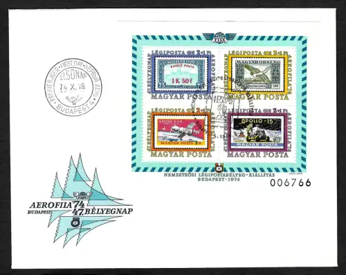 Ungarn 1974: Aerophila, Flugpostmarkenausstellung, Block #109a, FDC