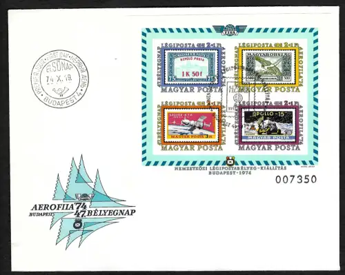 Ungarn 1974: Aerophila, Flugpostmarkenausstellung, Block #109B, FDC
