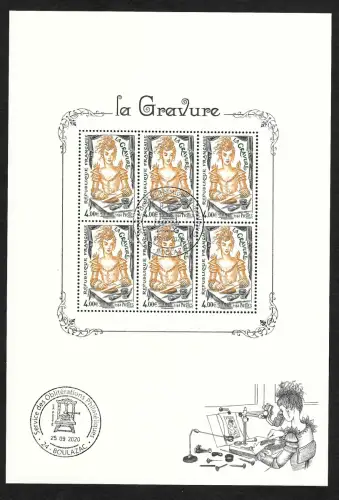 Frankreich 2020: La Gravure, Kunsthandwerk stechen, Kleinbogen gestempelt
