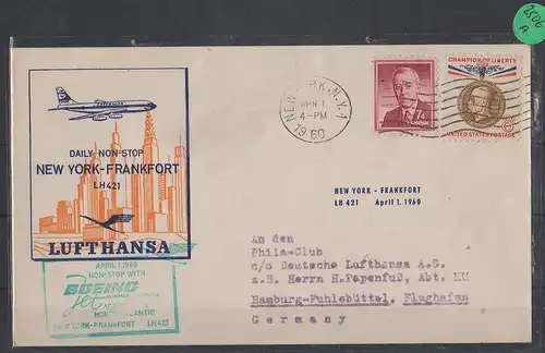 Luftpost echt gelaufen      Lufthansa Erstflug   New York - Frankfurt    1960
