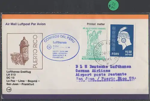 Luftpost echt gelaufen      Lufthansa Erstflug   Bogota - San Juan     1981