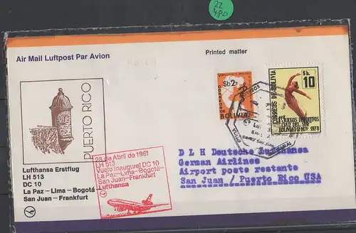 Luftpost echt gelaufen      Lufthansa Erstflug  La Paz - San Juan     1981