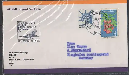 Luftpost echt gelaufen     Lufthansa Erstflug  New York - Düsseldorf     1980