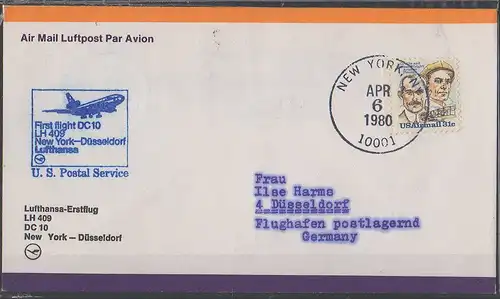 Luftpost echt gelaufen   Lufthansa Erstflug   New York - Düsseldorf      1980