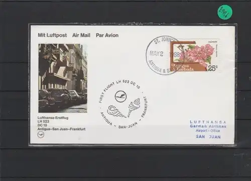 Luftpostkarte  Lufthansa- Erstflug     Antigua - San Juan     1988