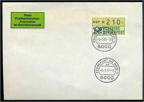 BUND 1981 ATM Nr 1 FDC Versuchsstandort FFM (55210)