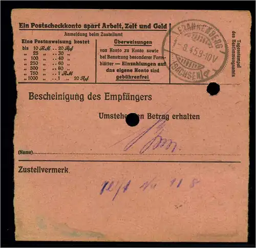 POSTANWEISUNG 1944 FRANKENBERG siehe Beschreibung (114490)