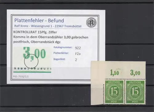 KONTROLLRAT 1947 PLATTENFEHLER Nr 922 F2a postfrisch (224027)