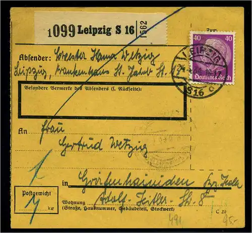 Paketkarte 1934 LEIPZIG siehe Beschreibung (114436)