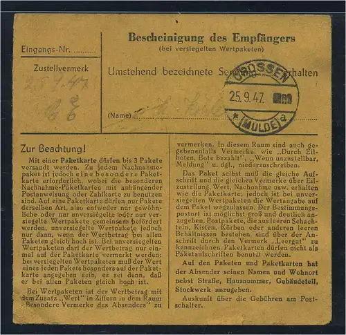 PAKETKARTE 1947 Nr 957 siehe Beschreibung (115380)