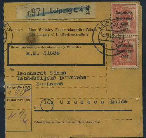 SBZ PAKETKARTE 1948 Nr 192 siehe Beschreibung (115415)