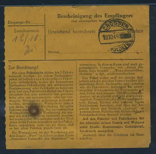 SBZ PAKETKARTE 1948 Nr 192 siehe Beschreibung (115415)