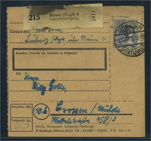 SBZ PAKETKARTE 1948 Nr 196 siehe Beschreibung (115422)