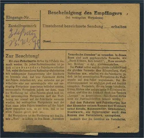 SBZ PAKETKARTE 1948 Nr 196 siehe Beschreibung (115422)