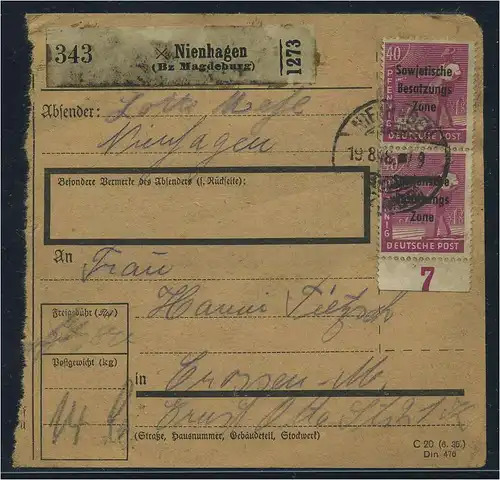 SBZ PAKETKARTE 1948 Nr 193 siehe Beschreibung (115432)