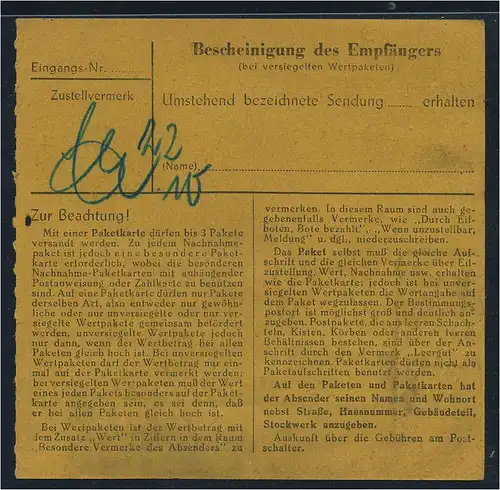 SBZ PAKETKARTE 1948 Nr A195 siehe Beschreibung (115434)