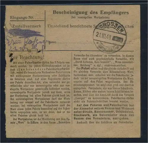 SBZ PAKETKARTE 1948 Nr A195 siehe Beschreibung (115438)