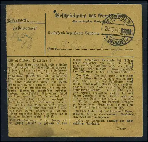 SBZ PAKETKARTE 1948 Nr 192 siehe Beschreibung (115450)