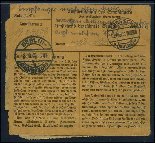 SBZ PAKETKARTE 1948 Nr 193 siehe Beschreibung (115452)