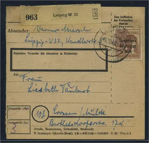 SBZ PAKETKARTE 1948 Nr A195 siehe Beschreibung (115456)