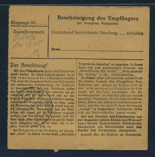 SBZ PAKETKARTE 1948 Nr 196 siehe Beschreibung (115479)