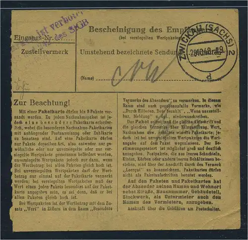 SBZ PAKETKARTE 1948 Nr 196 siehe Beschreibung (115480)