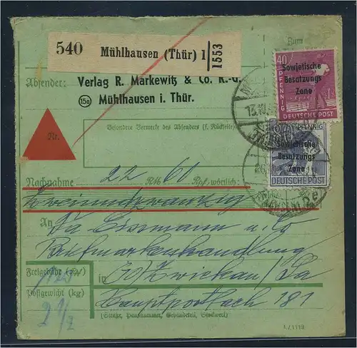 SBZ PAKETKARTE 1948 Nr 196 siehe Beschreibung (115481)