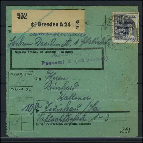 SBZ PAKETKARTE 1948 Nr 196 siehe Beschreibung (115518)