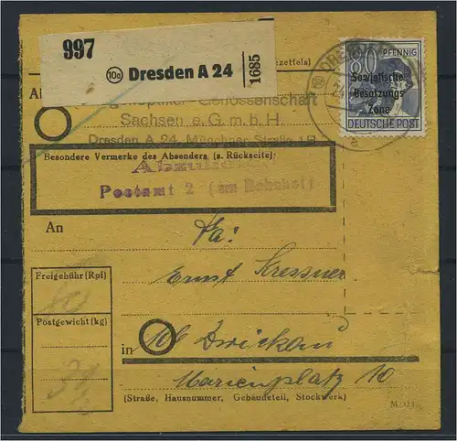 SBZ PAKETKARTE 1948 Nr 196 siehe Beschreibung (115526)