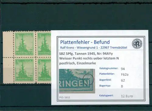 SBZ 1945 Nr 94AYy F62a postfrisch (204191)